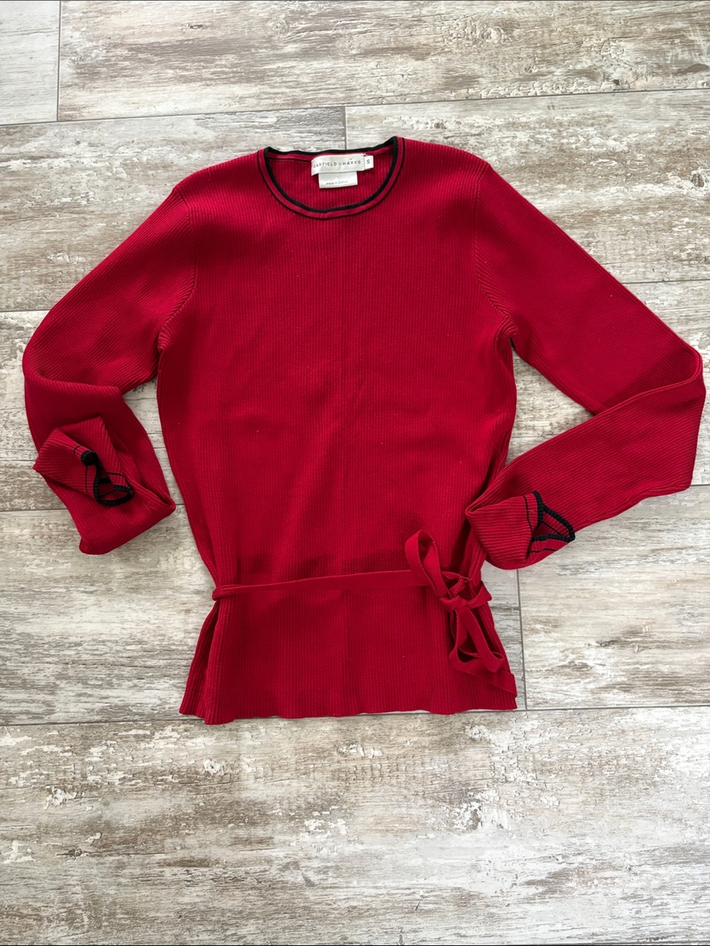 Sandro Red Ribbed Tie-Waist Sweater with Black Trim